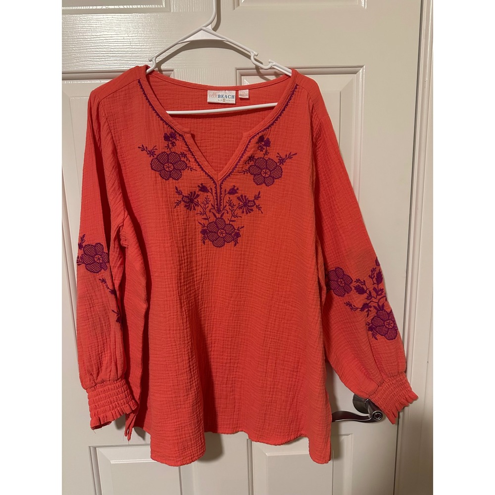 Belle Beach Top Women 2X Orange Kim Gravel Embroidered Cotton Gauze Tunic Smock